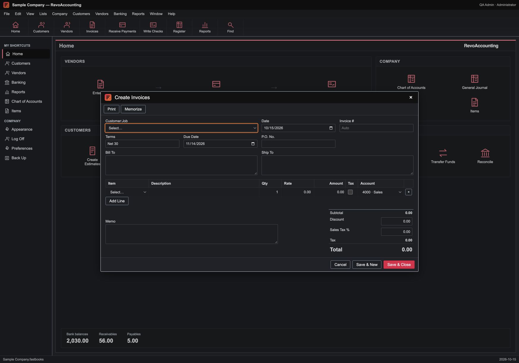 RevoAccounting home screen with the Create Invoices window open